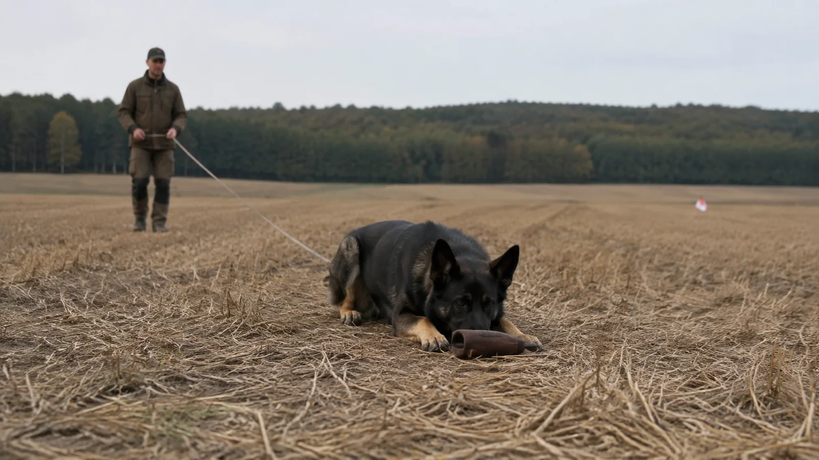 Schäferhund verweist einen kleinen Ledergegenstand auf der Fährte