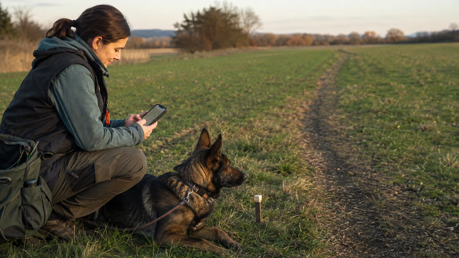 Hundeführerin betrachtet nach einer Fährte die GPS-Aufzeichnung
